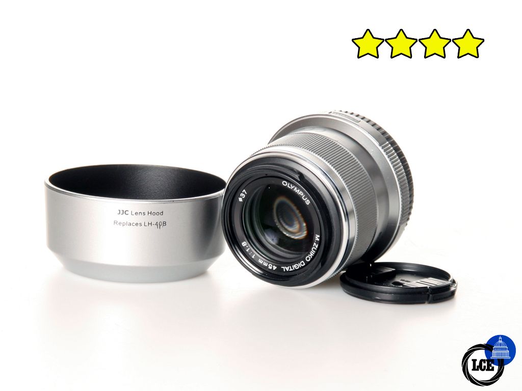 Olympus 45mm f 1.8 MSC Silver (with JJC Hood) - Micro 4/3rds Fit