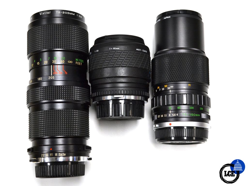 Olympus OM-4 + 24mm f2.8 + 90mm f2.8 + 75-150mm f4 + 75-205mm f3.8